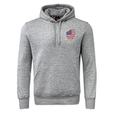 The EMB Canterbury USA Shield Club Hoodie is a gray fleece sweatshirt with an American flag emblem on the left chest, ideal for rugby enthusiasts and fans of the collection.