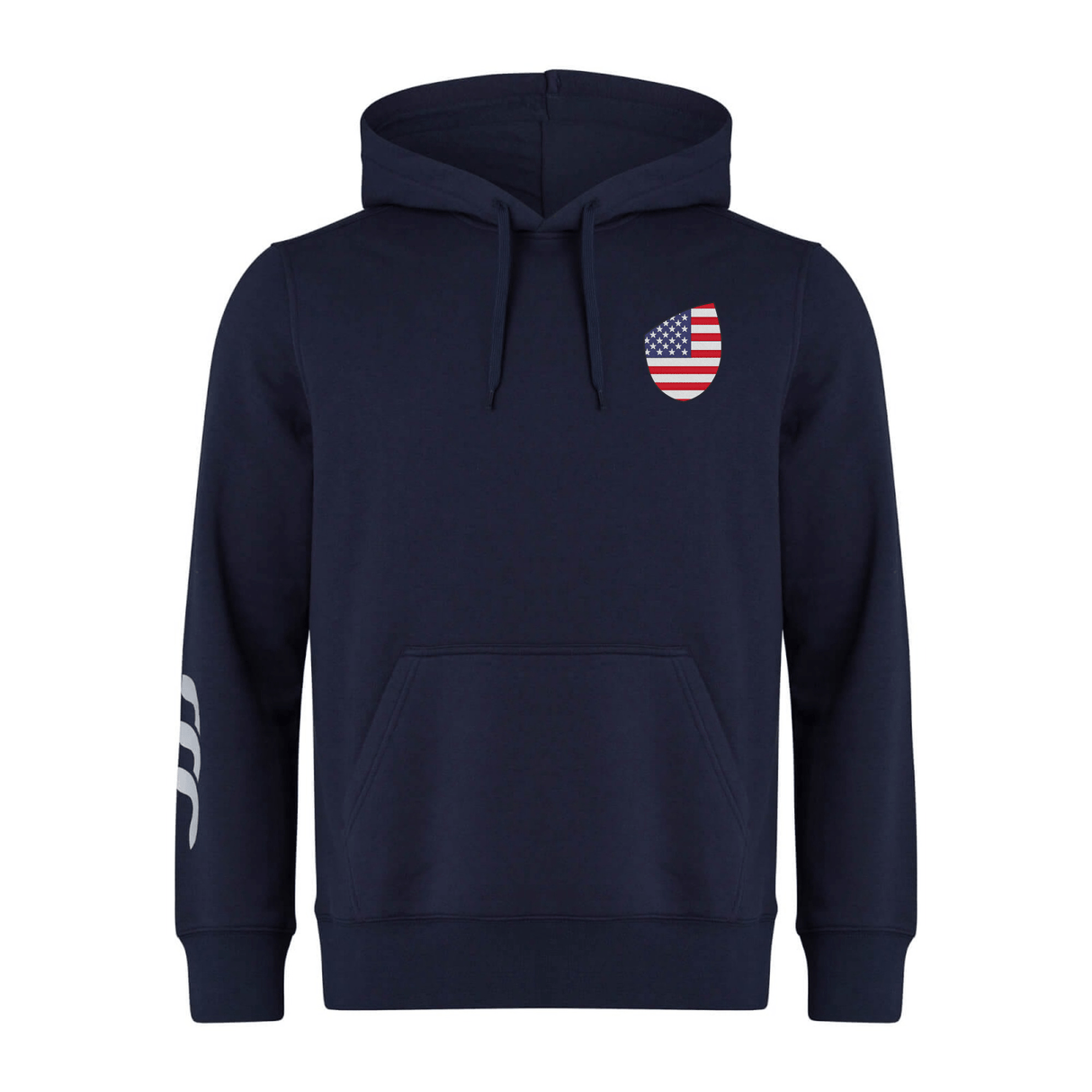 The USA Shield Club Hoodie by EMB Canterbury is a navy blue design featuring a small American flag shield logo on the chest and three white stripes on the sleeve. Made from soft sweatshirt fleece, it's ideal for Rugby supporters wanting to display their style and passion.