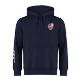 The USA Shield Club Hoodie by EMB Canterbury is a navy blue design featuring a small American flag shield logo on the chest and three white stripes on the sleeve. Made from soft sweatshirt fleece, it's ideal for Rugby supporters wanting to display their style and passion.