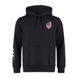 The EMB Canterbury USA Shield Club Hoodie features a drawstring hood, an American flag patch on the left chest, and white stripes on the right sleeve. Made from cozy sweatshirt fleece, it's perfect for rugby supporters.