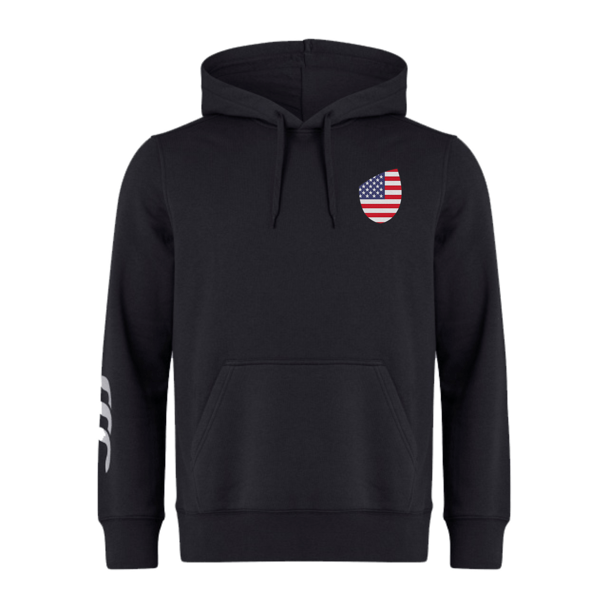 The EMB Canterbury USA Shield Club Hoodie features a drawstring hood, an American flag patch on the left chest, and white stripes on the right sleeve. Made from cozy sweatshirt fleece, it's perfect for rugby supporters.