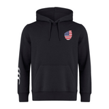 The EMB Canterbury USA Shield Club Hoodie features a drawstring hood, an American flag patch on the left chest, and white stripes on the right sleeve. Made from cozy sweatshirt fleece, it's perfect for rugby supporters.