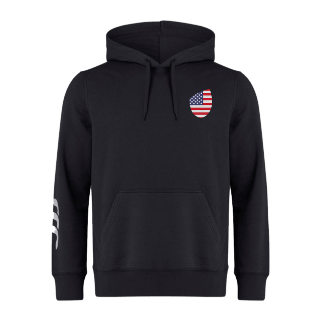 The EMB Canterbury USA Shield Club Hoodie features a drawstring hood, an American flag patch on the left chest, and white stripes on the right sleeve. Made from cozy sweatshirt fleece, it's perfect for rugby supporters.