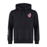 The EMB Canterbury USA Shield Club Hoodie features a drawstring hood, an American flag patch on the left chest, and white stripes on the right sleeve. Made from cozy sweatshirt fleece, it's perfect for rugby supporters.