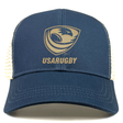 The EMB S&S Activewear USA Rugby Bronze Eco Trucker Hat features a gold logo and text on navy blue organic cotton, plus a breathable mesh back for eco-friendly comfort.