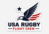 USA Rugby Flight Crew 2026-27 Supporter’s Kit logo featuring a flying eagle with red and blue wing accents, a blue star, and the text “USA RUGBY FLIGHT CREW.”