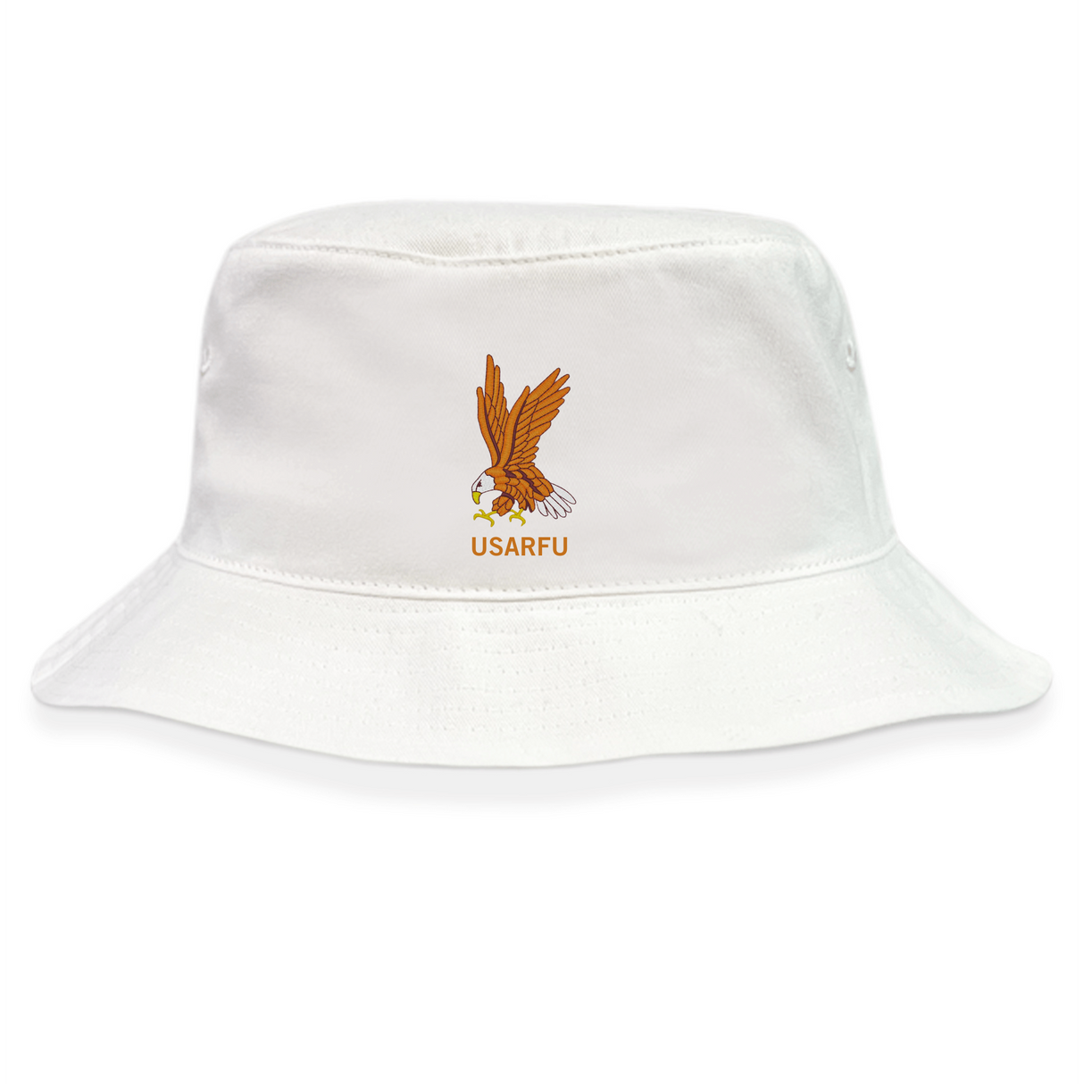 Celebrate USA Rugby pride with the EMB S&S Activewear USA Rugby Heritage 50th Anniversary Bucket Hat, a limited edition white hat featuring an embroidered orange and brown eagle above "USARFU" on the front.