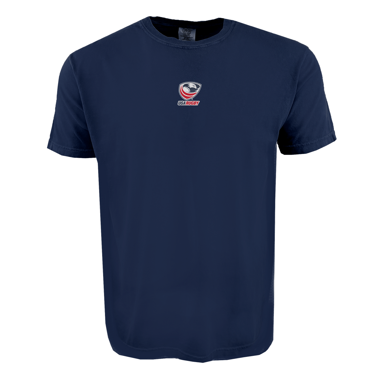 The USA Rugby Elevated Crest Comfort Tee by EMB S&S Activewear features a small centered USA Rugby logo on navy blue, made from soft ring-spun cotton.