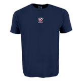 The USA Rugby Elevated Crest Comfort Tee by EMB S&S Activewear features a small centered USA Rugby logo on navy blue, made from soft ring-spun cotton.