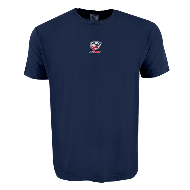 The USA Rugby Elevated Crest Comfort Tee by EMB S&S Activewear features a small centered USA Rugby logo on navy blue, made from soft ring-spun cotton.