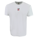 The EMB S&S Activewear USA Rugby Elevated Crest Comfort Tee is a white short-sleeve shirt made of soft ring-spun cotton with a small crest logo on the chest, shown against a white background.