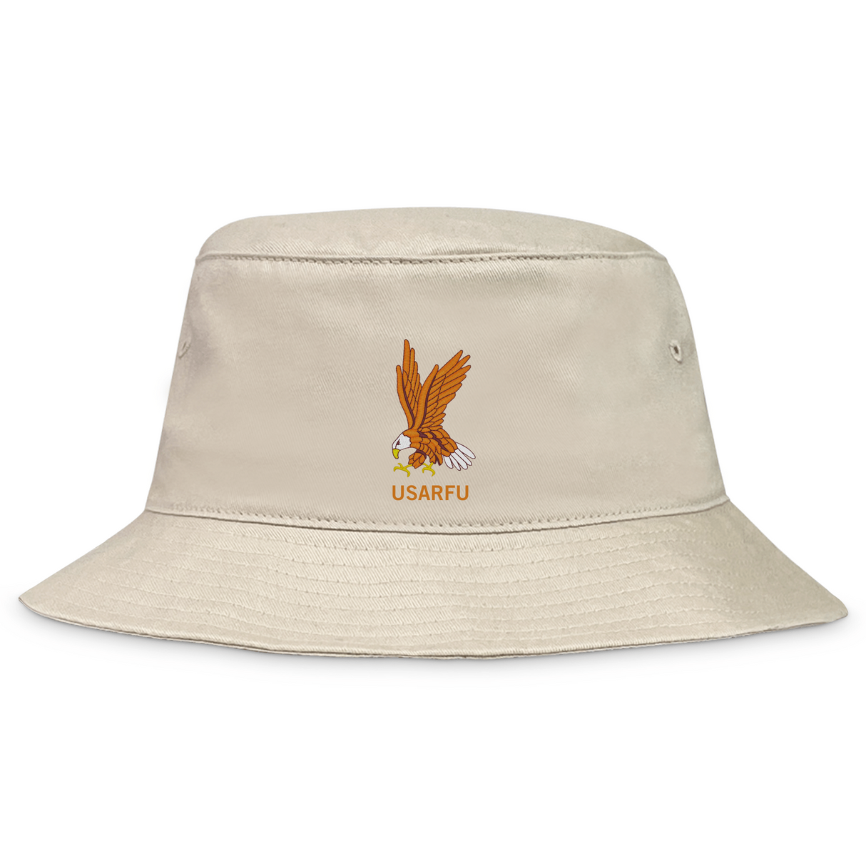 Celebrate USA Rugby pride with the EMB S&S Activewear USA Rugby Heritage 50th Anniversary Bucket Hat—Limited Edition beige, featuring an embroidered eagle and "USARFU" on the front.