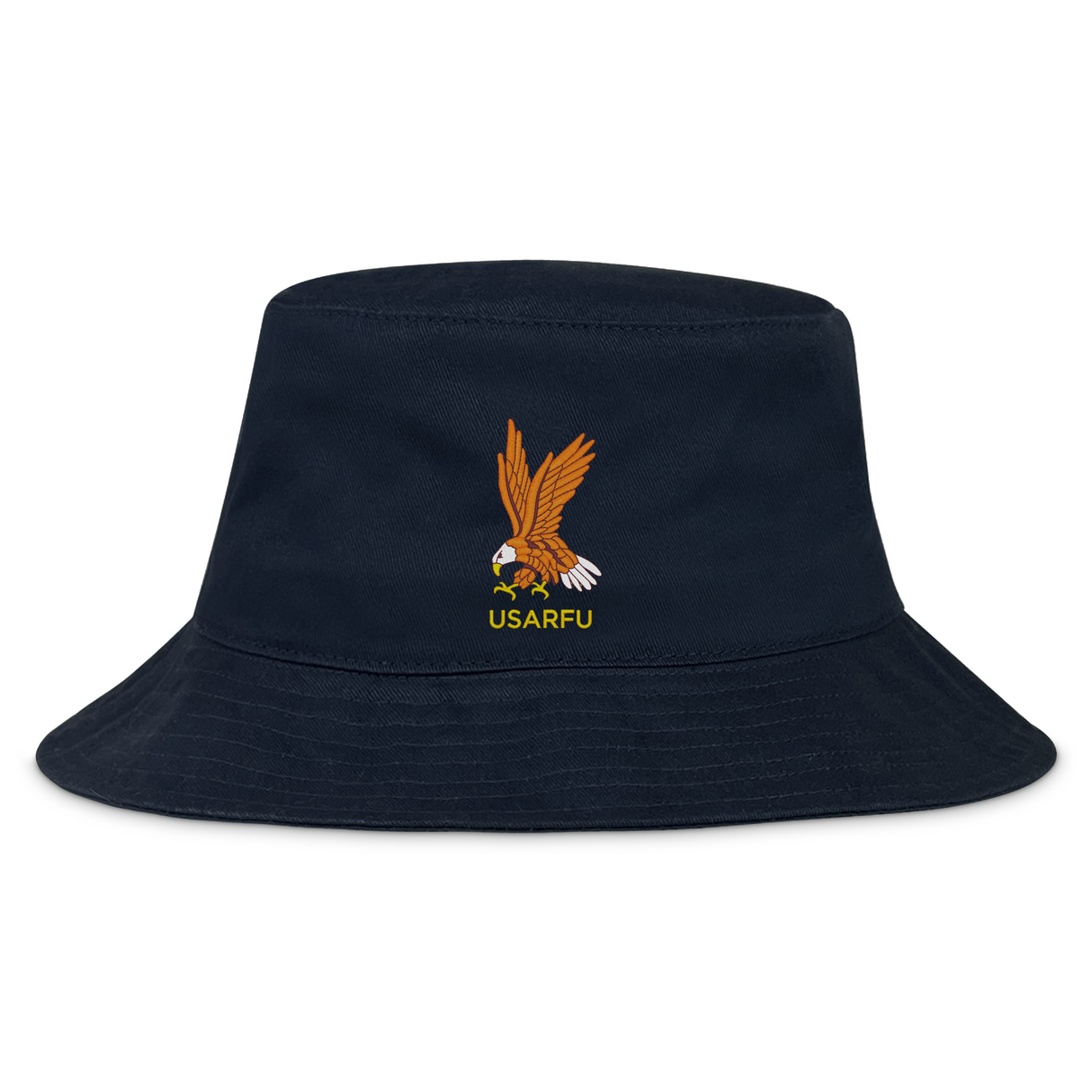 The USA Rugby Heritage 50th Anniversary Bucket Hat by EMB S&S Activewear is a black, limited edition hat featuring an embroidered eagle with a rugby ball above yellow "USARFU" text on the front, celebrating USA Rugby.