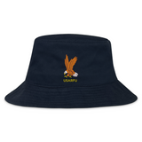 The USA Rugby Heritage 50th Anniversary Bucket Hat by EMB S&S Activewear is a black, limited edition hat featuring an embroidered eagle with a rugby ball above yellow "USARFU" text on the front, celebrating USA Rugby.