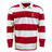 The EMB Mudoo USA Rugby Heritage 50th Anniversary Hooped Classic Jersey features red and white stripes, a collar, and an eagle emblem on the chest.