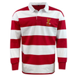 The EMB Mudoo USA Rugby Heritage 50th Anniversary Hooped Classic Jersey features red and white stripes, a collar, and an eagle emblem on the chest.