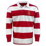 The EMB Mudoo USA Rugby Heritage 50th Anniversary Hooped Classic Jersey features red and white stripes, a collar, and an eagle emblem on the chest.