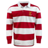 The EMB Mudoo USA Rugby Heritage 50th Anniversary Hooped Classic Jersey features red and white stripes, a collar, and an eagle emblem on the chest.