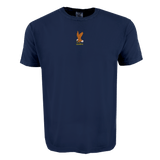 The USA Rugby Elevated Heritage Tee by EMB S&S Activewear is navy blue, made from soft ring-spun cotton, and features a small embroidered eagle with “UHAPSU” text on the chest.