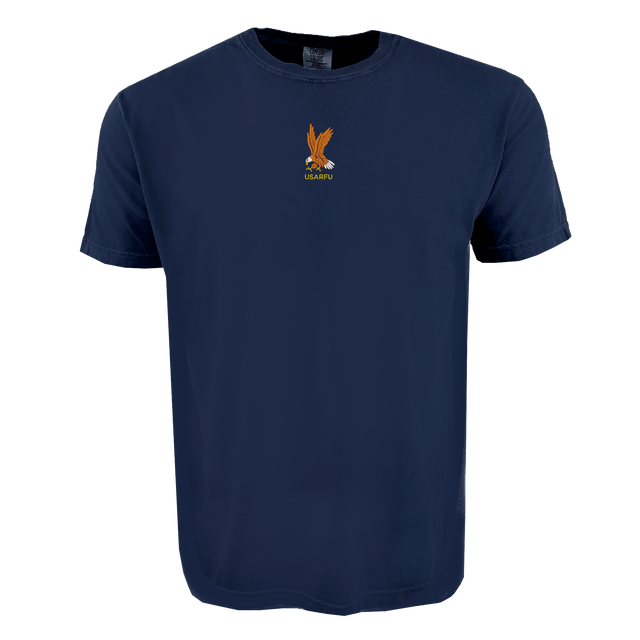 The USA Rugby Elevated Heritage Tee by EMB S&S Activewear is navy blue, made from soft ring-spun cotton, and features a small embroidered eagle with “UHAPSU” text on the chest.