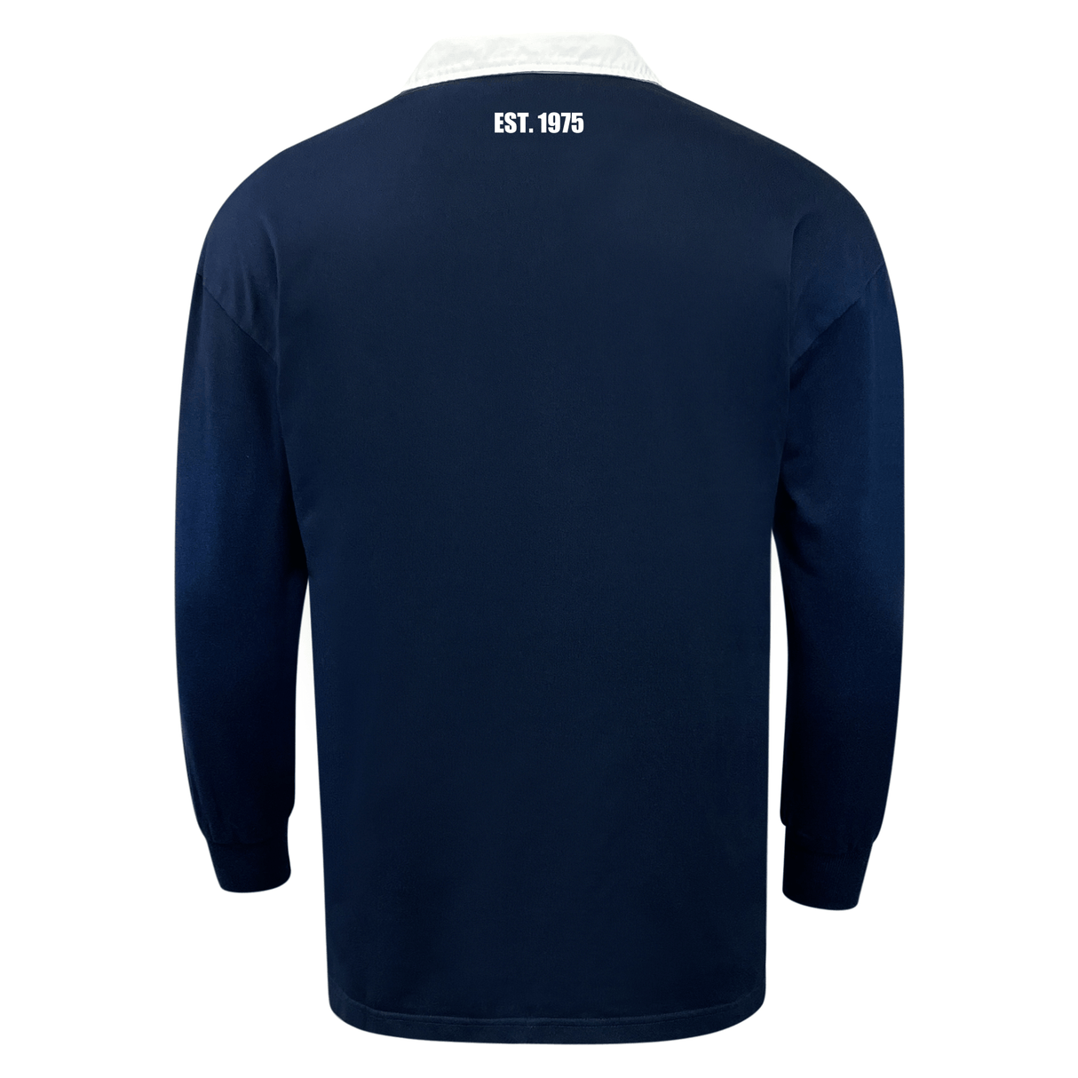 Navy blue long-sleeved, relaxed fit shirt with the inscription "est. 1975" on the upper back, reminiscent of a classic rugby jersey: EMB Mudoo USA Rugby Est 1975 Solid Classic Jersey.