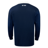 Navy blue long-sleeved, relaxed fit shirt with the inscription "est. 1975" on the upper back, reminiscent of a classic rugby jersey: EMB Mudoo USA Rugby Est 1975 Solid Classic Jersey.