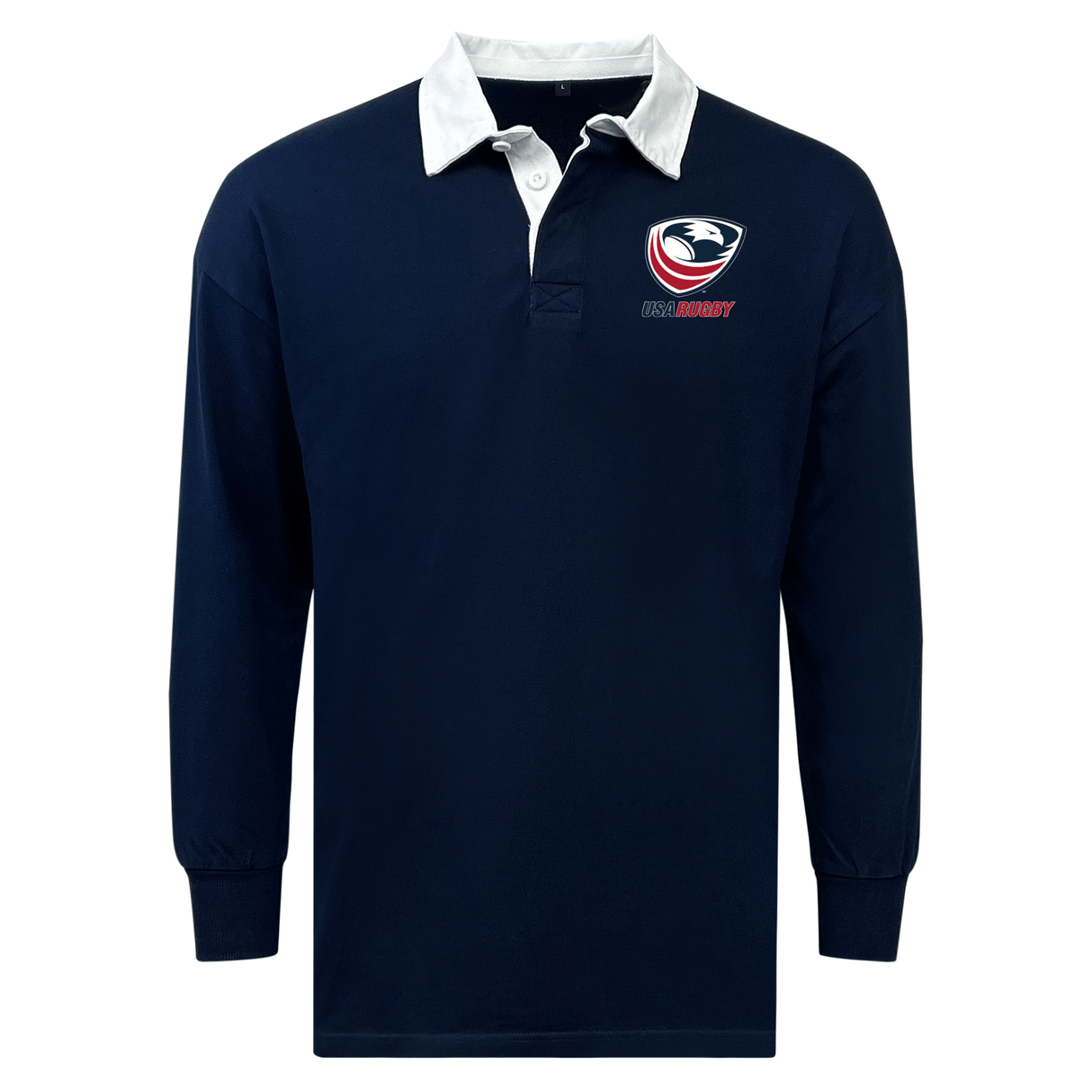 Navy blue EMB Mudoo USA Rugby Est 1975 Solid Classic Jersey with a white collar and team logo on the left chest, designed for relaxed fit and fan comfort.