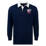 Navy blue EMB Mudoo USA Rugby Est 1975 Solid Classic Jersey with a white collar and team logo on the left chest, designed for relaxed fit and fan comfort.