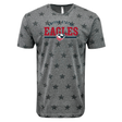 Gray USA Rugby Wordmark Five-Star Tee 24 with a v-neck, featuring a 'USAR Eagles' print and a logo with an eagle inside a shield, surrounded by stars.