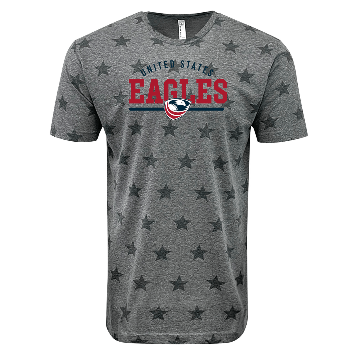 Gray USA Rugby Wordmark Five-Star Tee 24 with a v-neck, featuring a 'USAR Eagles' print and a logo with an eagle inside a shield, surrounded by stars.