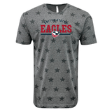 Gray USA Rugby Wordmark Five-Star Tee 24 with a v-neck, featuring a 'USAR Eagles' print and a logo with an eagle inside a shield, surrounded by stars.