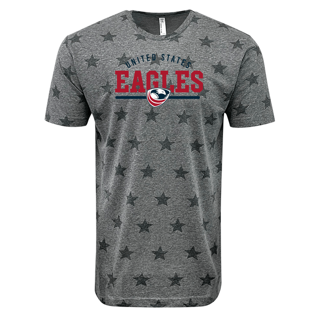 Gray USA Rugby Wordmark Five-Star Tee 24 with a v-neck, featuring a 'USAR Eagles' print and a logo with an eagle inside a shield, surrounded by stars.