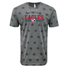 Gray USA Rugby Wordmark Five-Star Tee 24 with a v-neck, featuring a 'USAR Eagles' print and a logo with an eagle inside a shield, surrounded by stars.