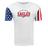 A white WRS LAT t-shirt with a "USA Rugby Wordmark Stars & Stripes Tee 24" logo, featuring an American flag design on one sleeve and red vertical stripes on the other.