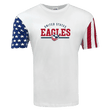A white WRS LAT t-shirt with a "USA Rugby Wordmark Stars & Stripes Tee 24" logo, featuring an American flag design on one sleeve and red vertical stripes on the other.