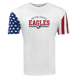 A white WRS LAT t-shirt with a "USA Rugby Wordmark Stars & Stripes Tee 24" logo, featuring an American flag design on one sleeve and red vertical stripes on the other.