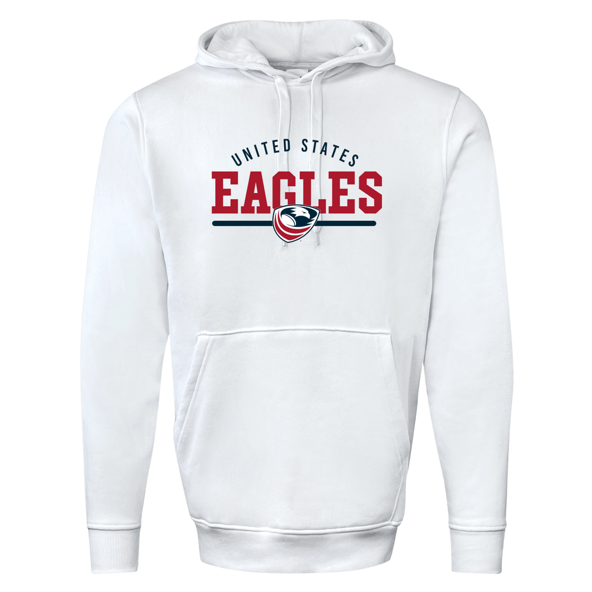 White hooded sweatshirt with "USA Rugby Wordmark 60/40 Pullover Hoodie 24" and an emblem logo printed on the front by WRS Augusta.
