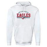 White hooded sweatshirt with "USA Rugby Wordmark 60/40 Pullover Hoodie 24" and an emblem logo printed on the front by WRS Augusta.