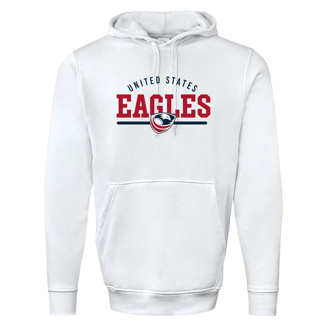 White hooded sweatshirt with "USA Rugby Wordmark 60/40 Pullover Hoodie 24" and an emblem logo printed on the front by WRS Augusta.