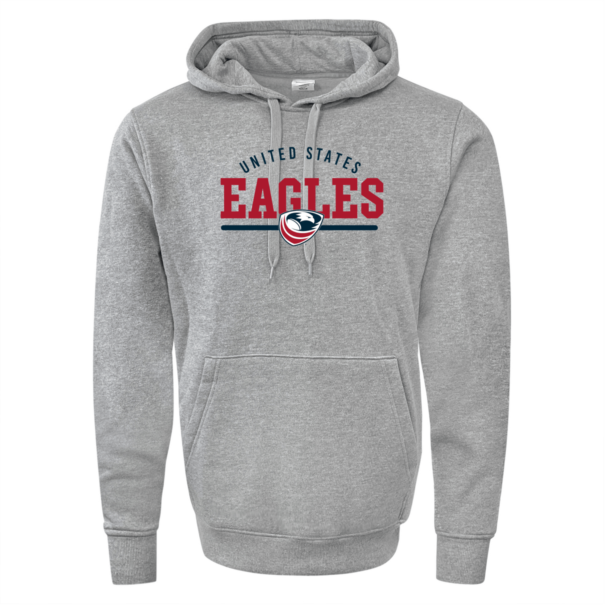 Gray hooded sweatshirt with the text "USA Rugby Wordmark 60/40 Pullover Hoodie 24" and an eagle logo on the chest, featuring a drawstring hood and a front pouch pocket by WRS Augusta.