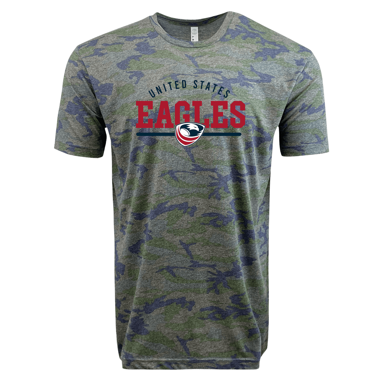 Gray camouflage t-shirt with "USA Rugby Camo Edition Wordmark Supersoft Tee 24" and an eagle logo printed in red on the front, by WRS LAT.