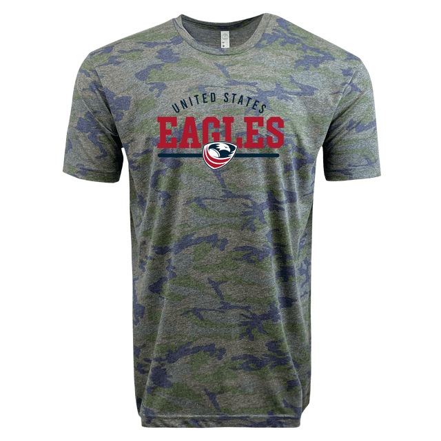 Gray camouflage t-shirt with "USA Rugby Camo Edition Wordmark Supersoft Tee 24" and an eagle logo printed in red on the front, by WRS LAT.
