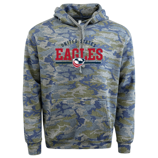 A USA Rugby Camo Edition Wordmark Hoodie 24 with a "united states eagles" logo featuring an eagle and a rugby ball on the front by WRS LAT.
