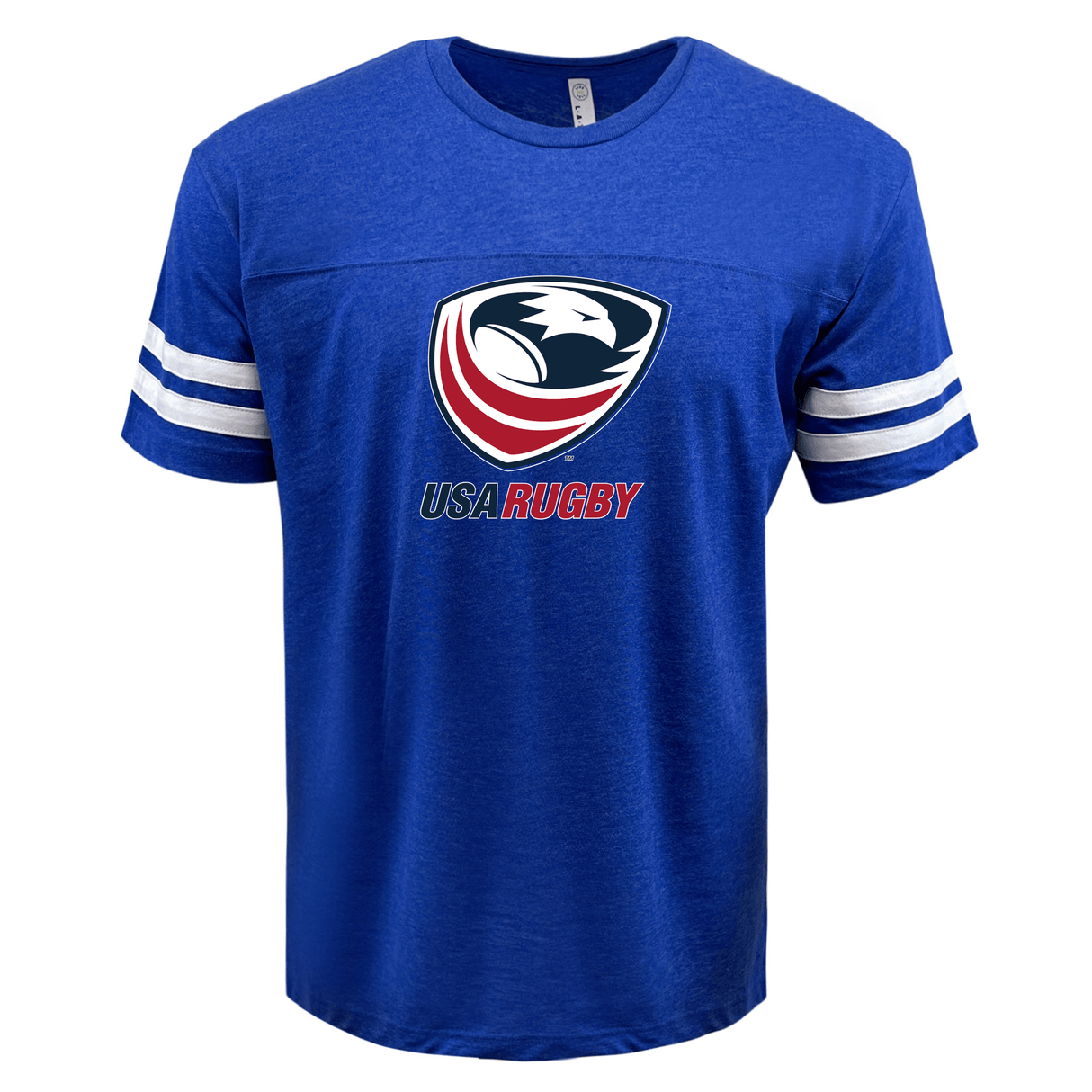 The WRS LAT USA Rugby Crest Football T-shirt on a blue t-shirt.