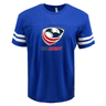 The WRS LAT USA Rugby Crest Football T-shirt on a blue t-shirt.