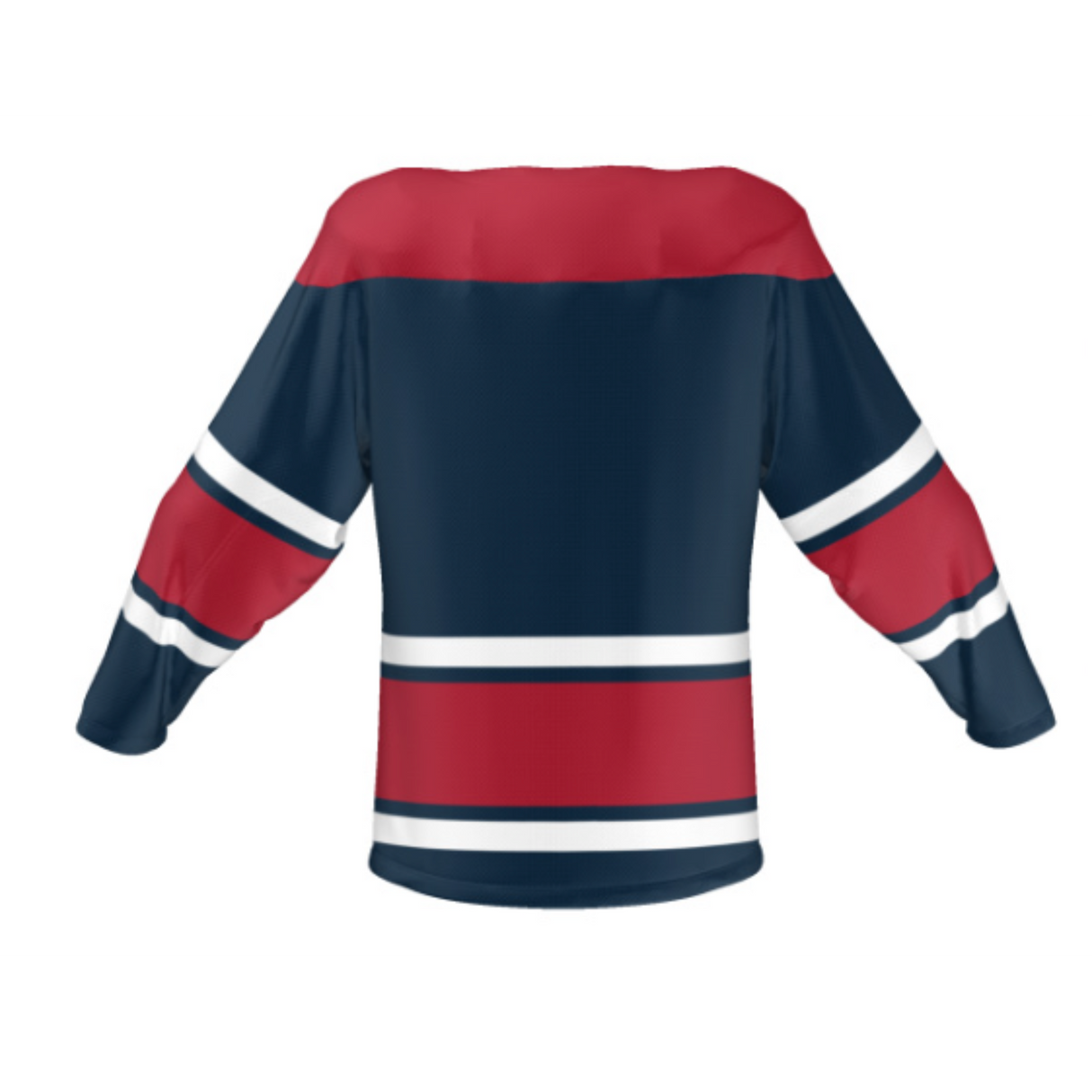 The back view of the Teamatical USA Rugby Classic Lace-Up Hockey Jersey showcases long sleeves with blue, red, and white horizontal stripes, offering a snag-resistant design for optimal performance.