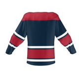 The back view of the Teamatical USA Rugby Classic Lace-Up Hockey Jersey showcases long sleeves with blue, red, and white horizontal stripes, offering a snag-resistant design for optimal performance.