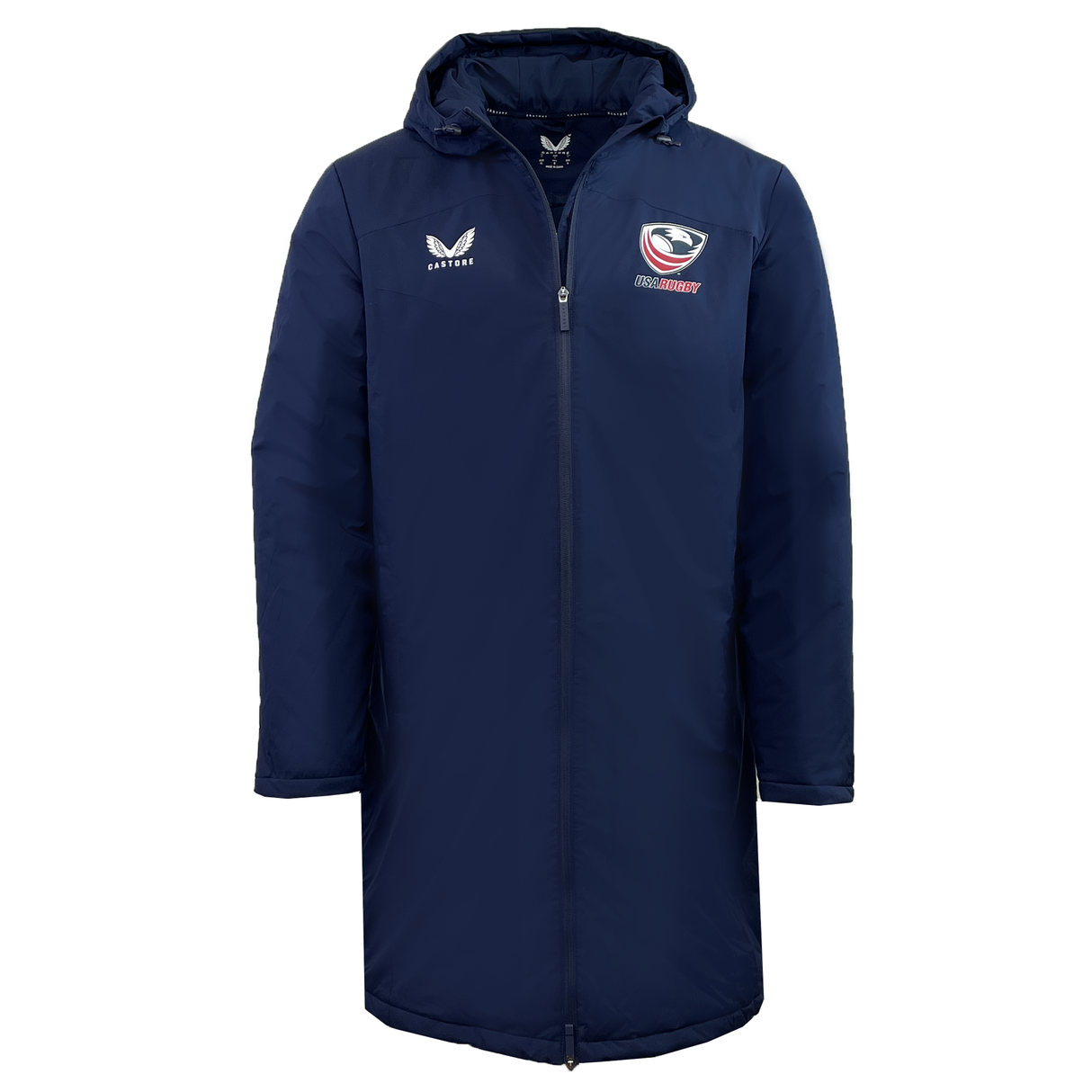 This USA Rugby Long Length Bench Jacket by Castore is a long, navy blue coat with a hood and features the Castore and USA logos on the chest. Its insulated lining provides comfort and warmth in any weather.
