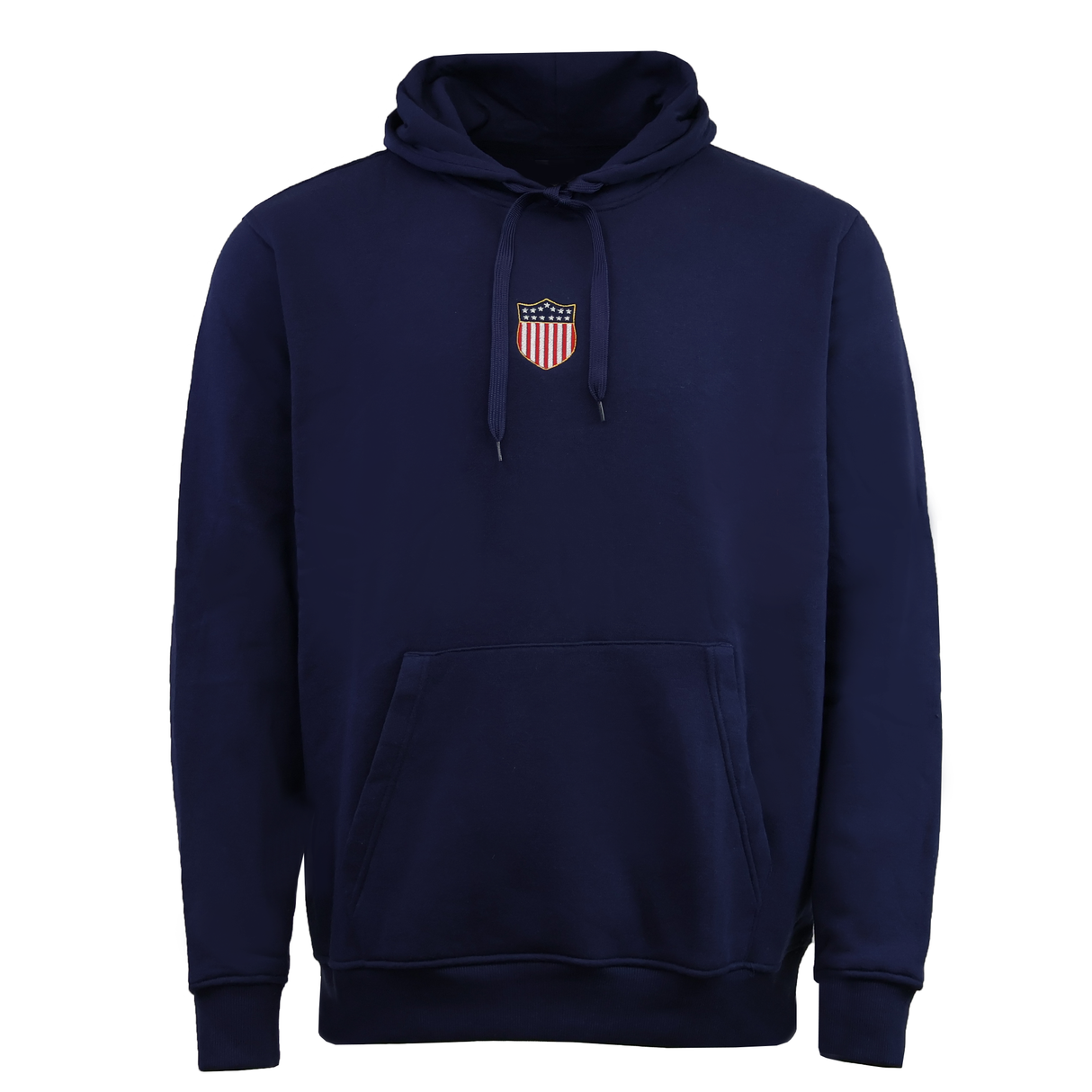 The EMB Augusta USA Rugby Elevated Original Olympic Hoodie is a navy hooded sweatshirt with front pocket and a small embroidered USA shield logo on the chest—perfect for fans celebrating Eagles history and the Olympic anniversary.