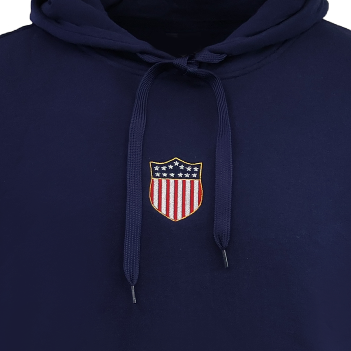 The EMB Augusta USA Rugby Elevated Original Olympic Hoodie in navy features a shield patch with stars and red and white stripes on the chest, honoring Eagles history.